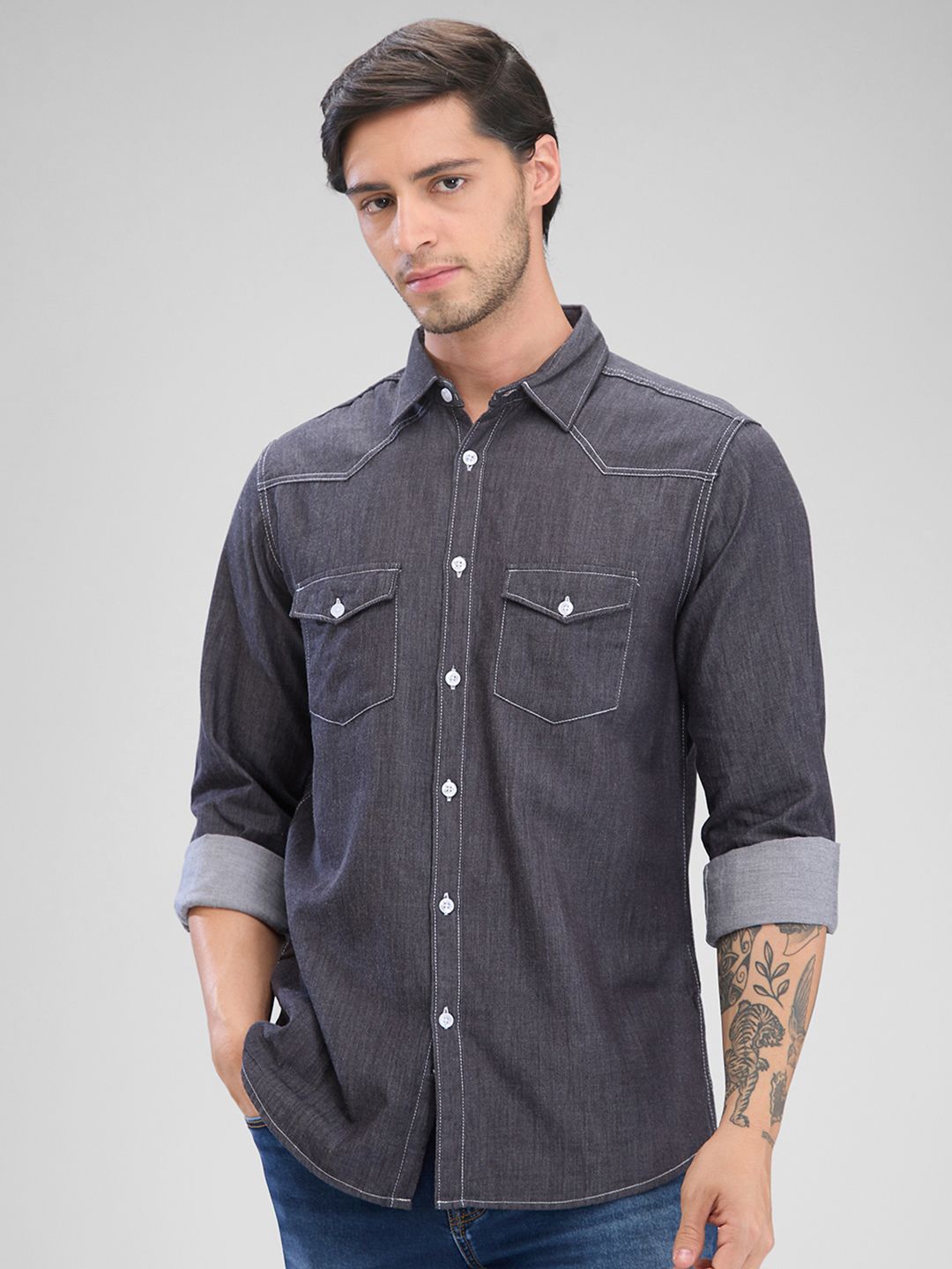 

Nick&Jess Men Slim Fit Casual Denim Shirt, Grey