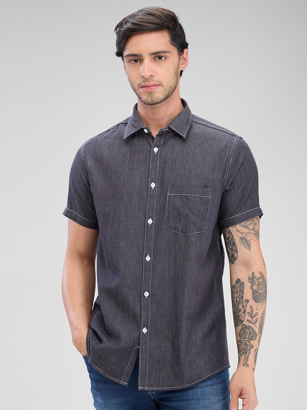 

Nick&Jess Men Slim Fit Casual Denim Shirt, Grey