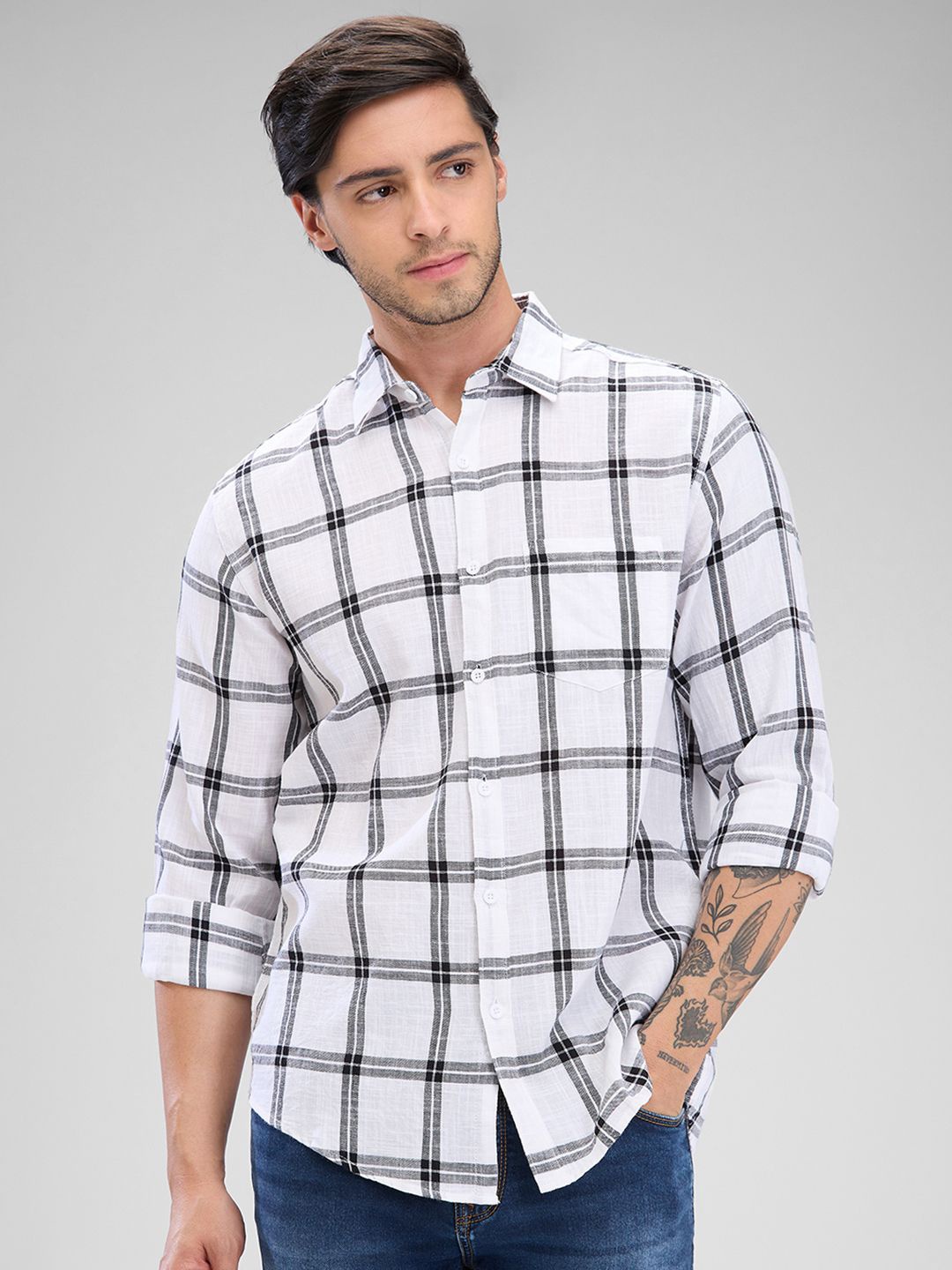 

Nick&Jess Men Classic Slim Fit Windowpane Checks Opaque Checked Casual Shirt, White