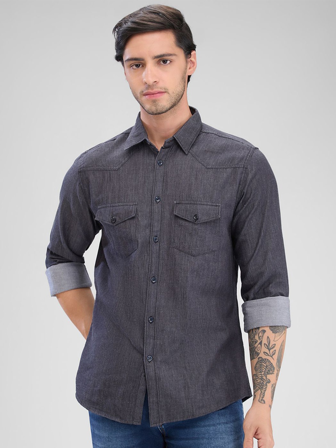 

Nick&Jess Men Slim Fit Casual Denim Shirt, Grey