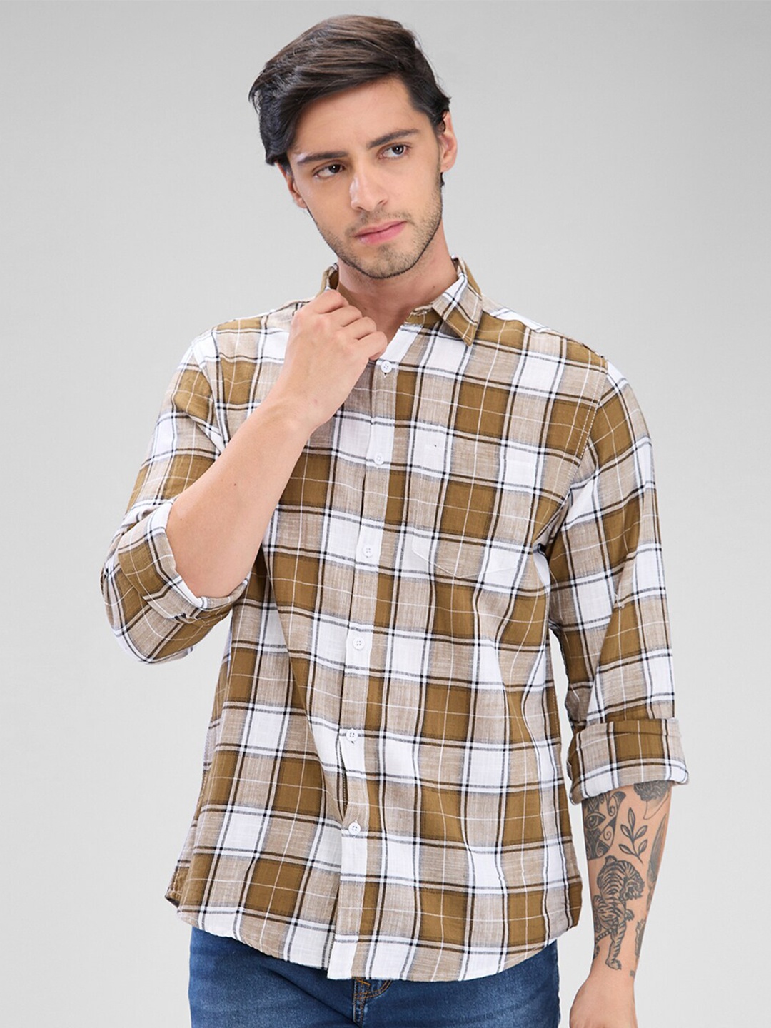 

Nick&Jess Men Classic Slim Fit Tartan Checks Opaque Checked Casual Shirt, Brown
