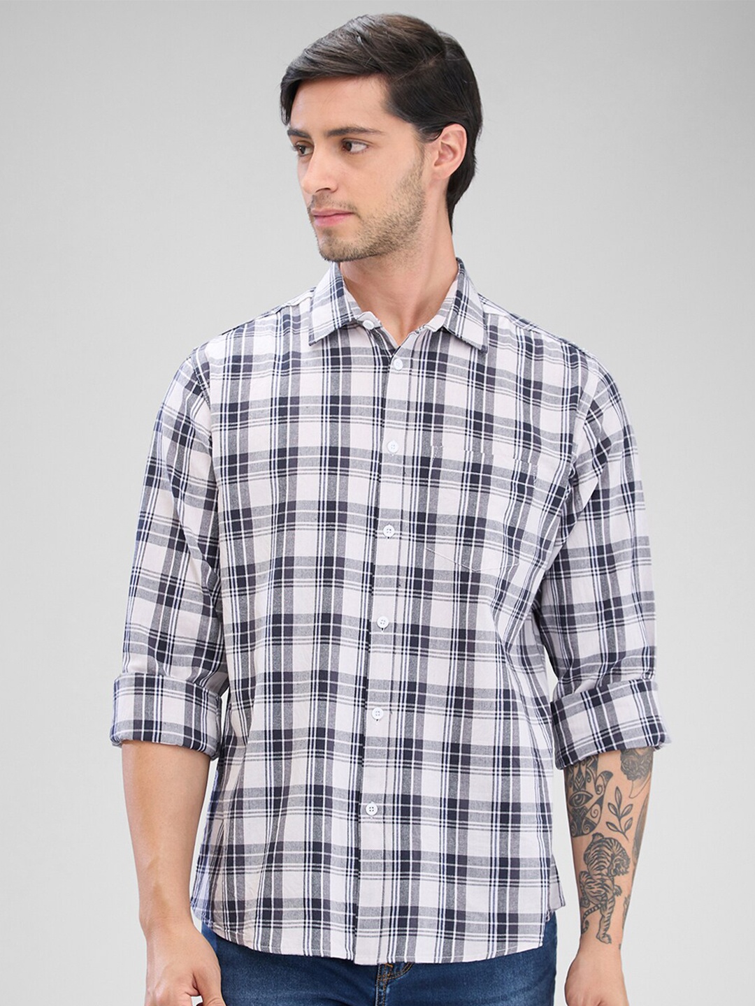 

Nick&Jess Men Classic Slim Fit Tartan Checks Opaque Checked Casual Shirt, White