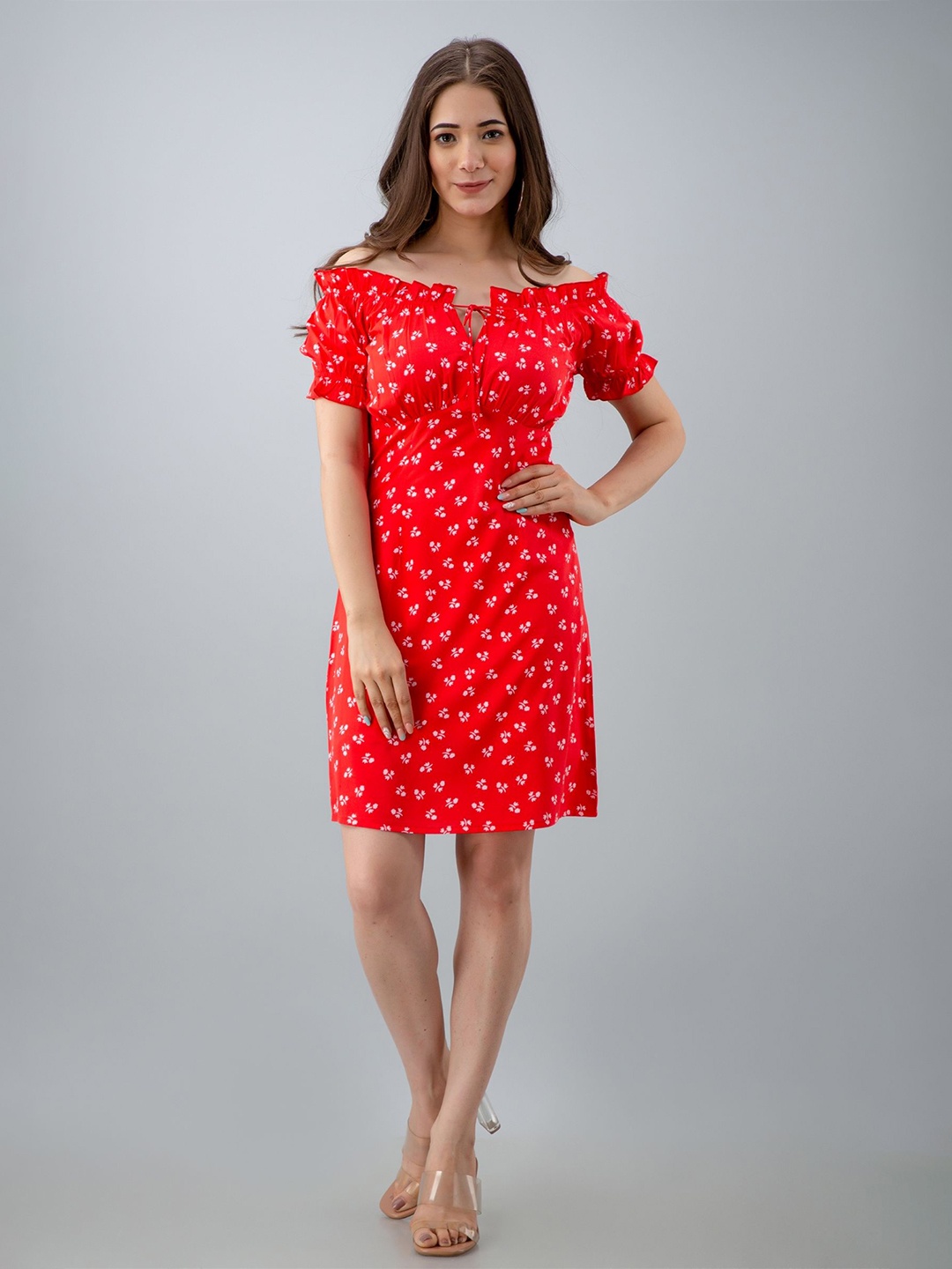 

PRETTY LOVING THING Print Off-Shoulder Puff Sleeve Dress, Red