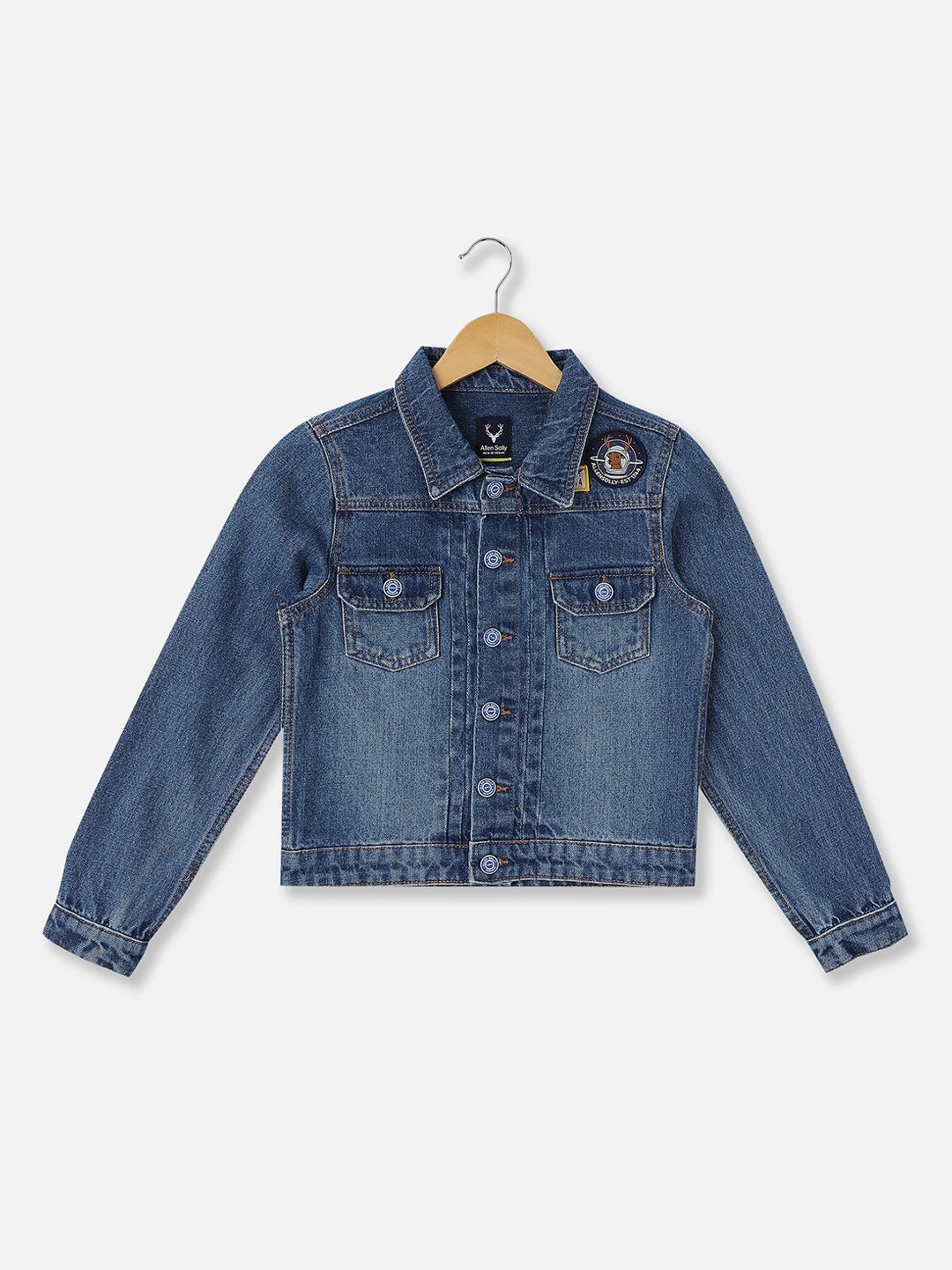 Allen Solly Junior Boys Washed Denim Jacket with Patchwork, Navy blue