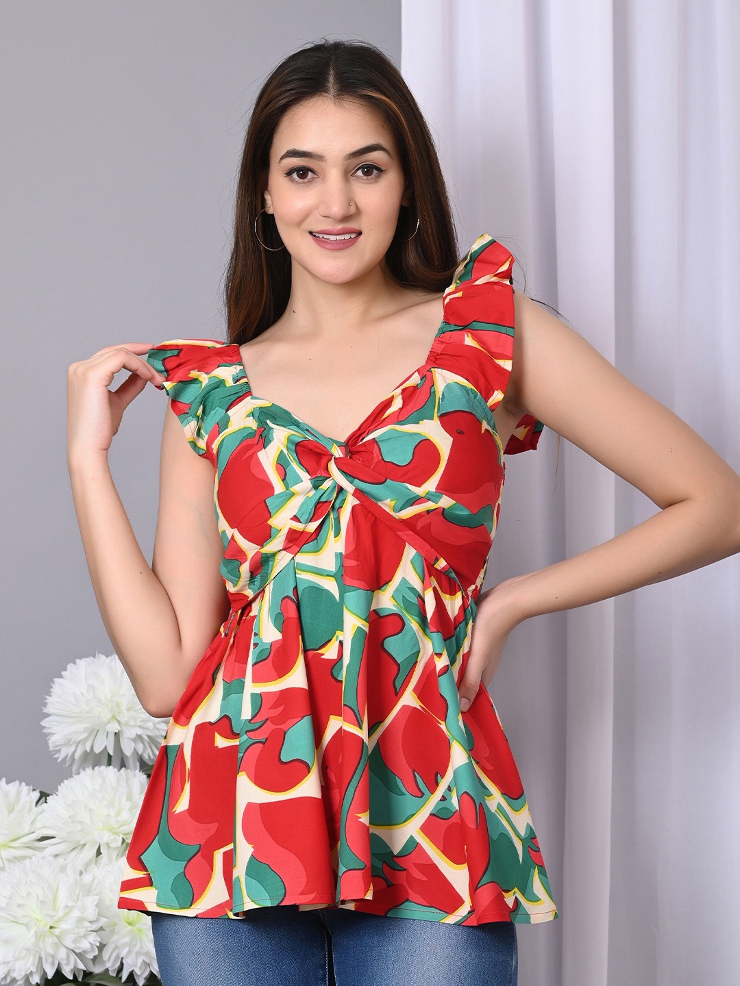 

IQRAAR Abstract Printed V-Neck Twisted Longline Top, Red