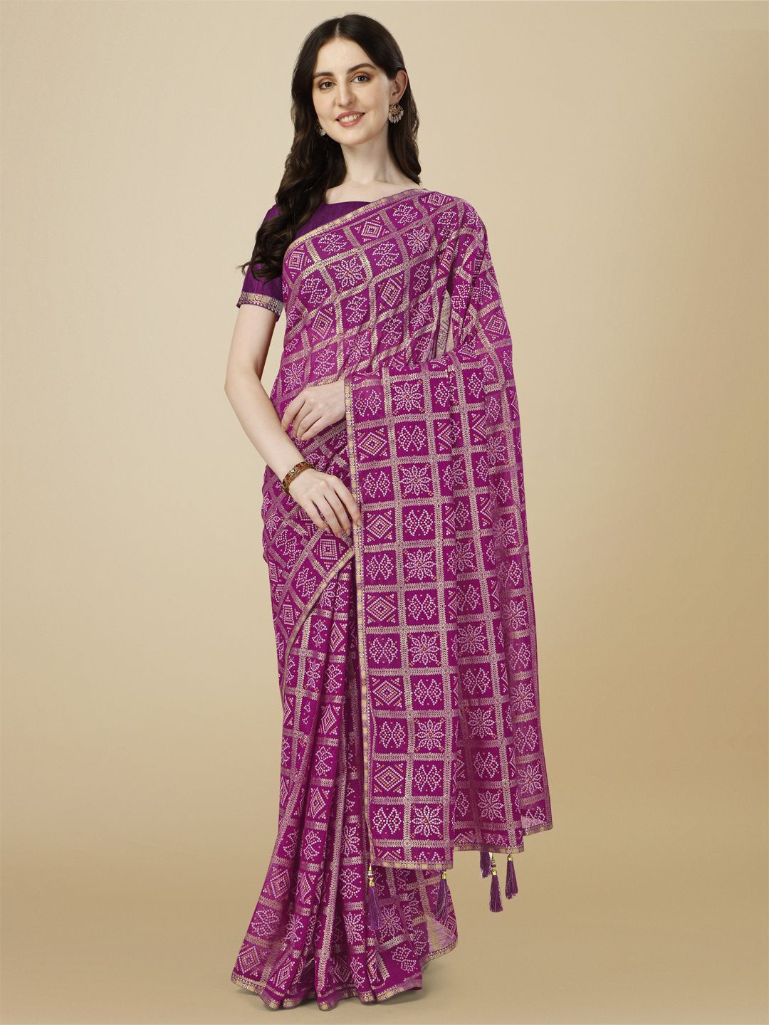 

HERE&NOW Foil Work Bandhani Saree, Purple
