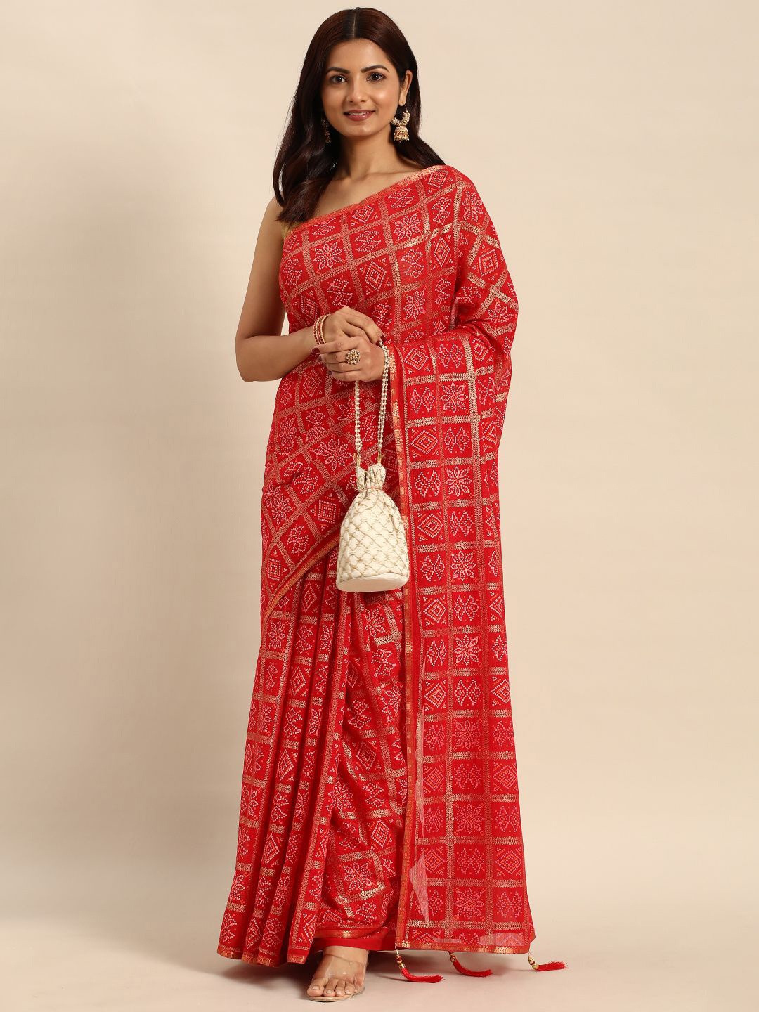 

HERE&NOW Bandhani Zari Saree, Red