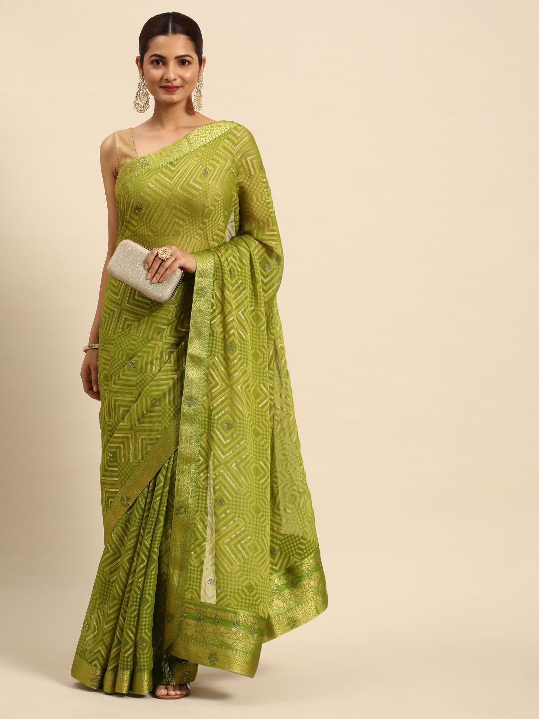 

HERE&NOW Woven Design Zari Brasso Designer Saree, Green