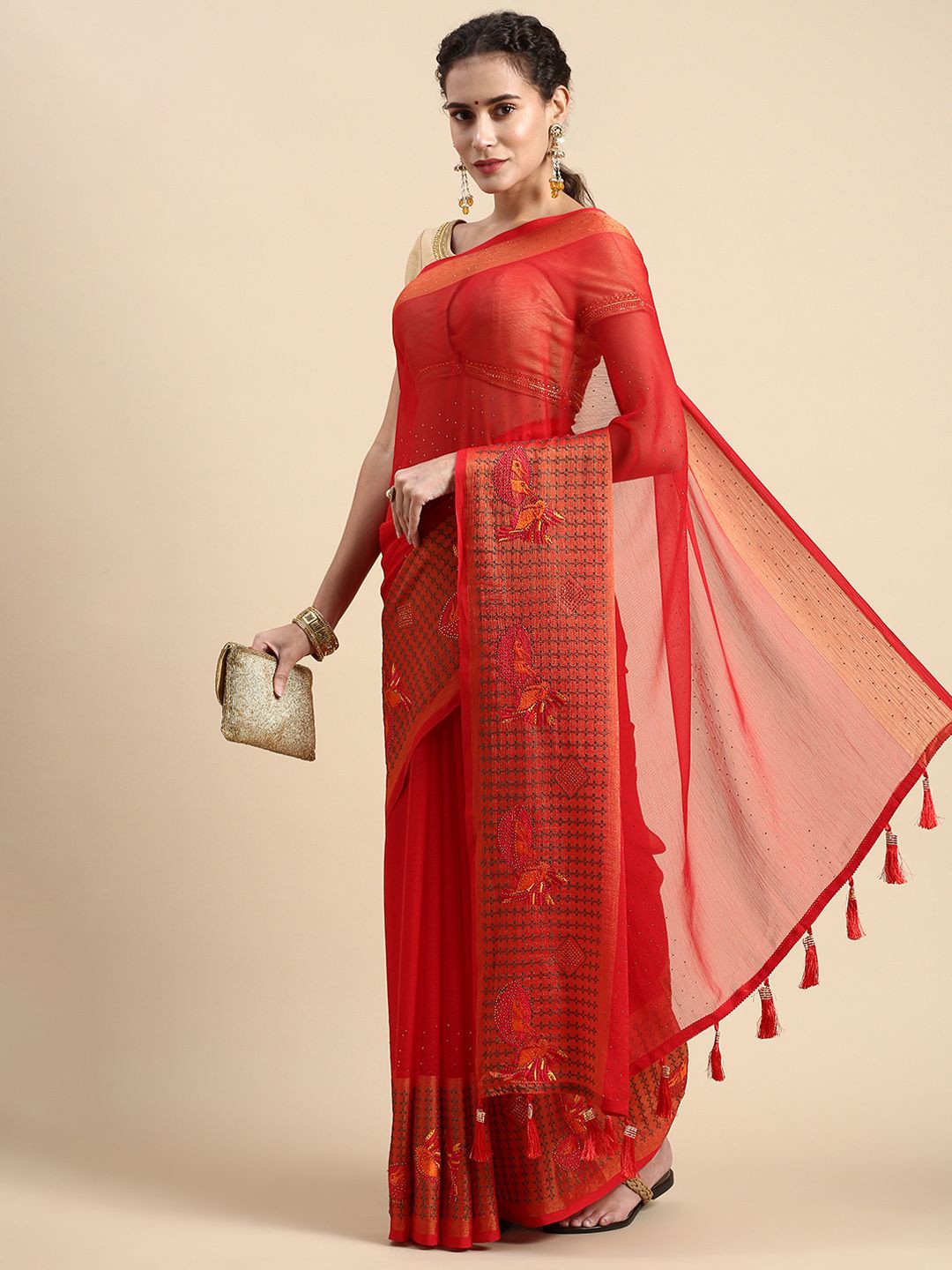 

HERE&NOW Embellished Zari Saree, Red