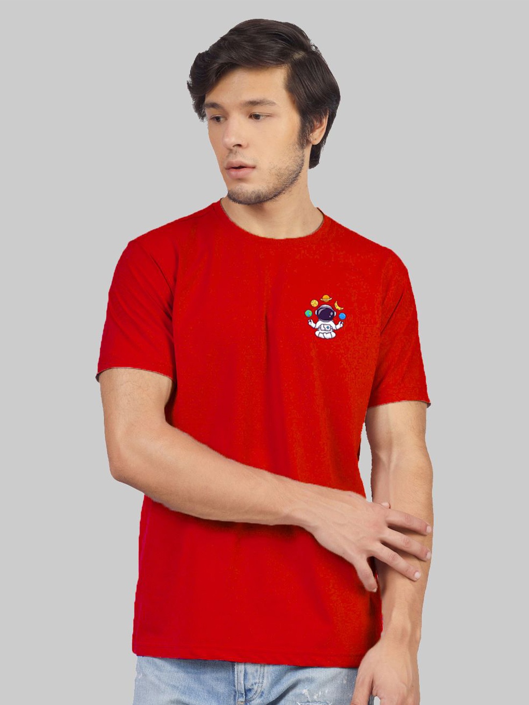 Greylongg Men Round Neck Graphic Printed T-shirt, Red