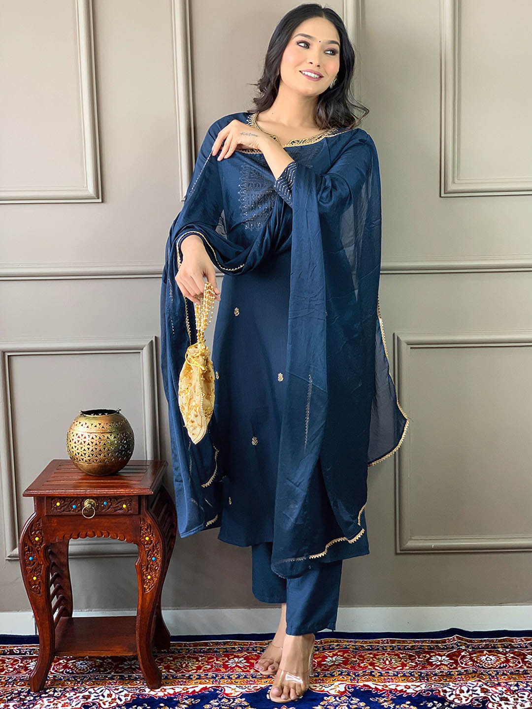 

KALINI Ethnic Motifs Embroidered Notched Neck Thread Work Kurta ,Trousers & Dupatta, Navy blue