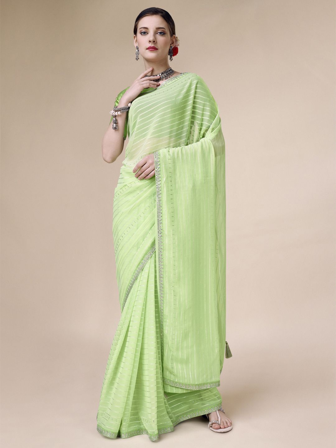 

HERE&NOW Striped Embroidered Saree With Blouse Piece, Fluorescent green