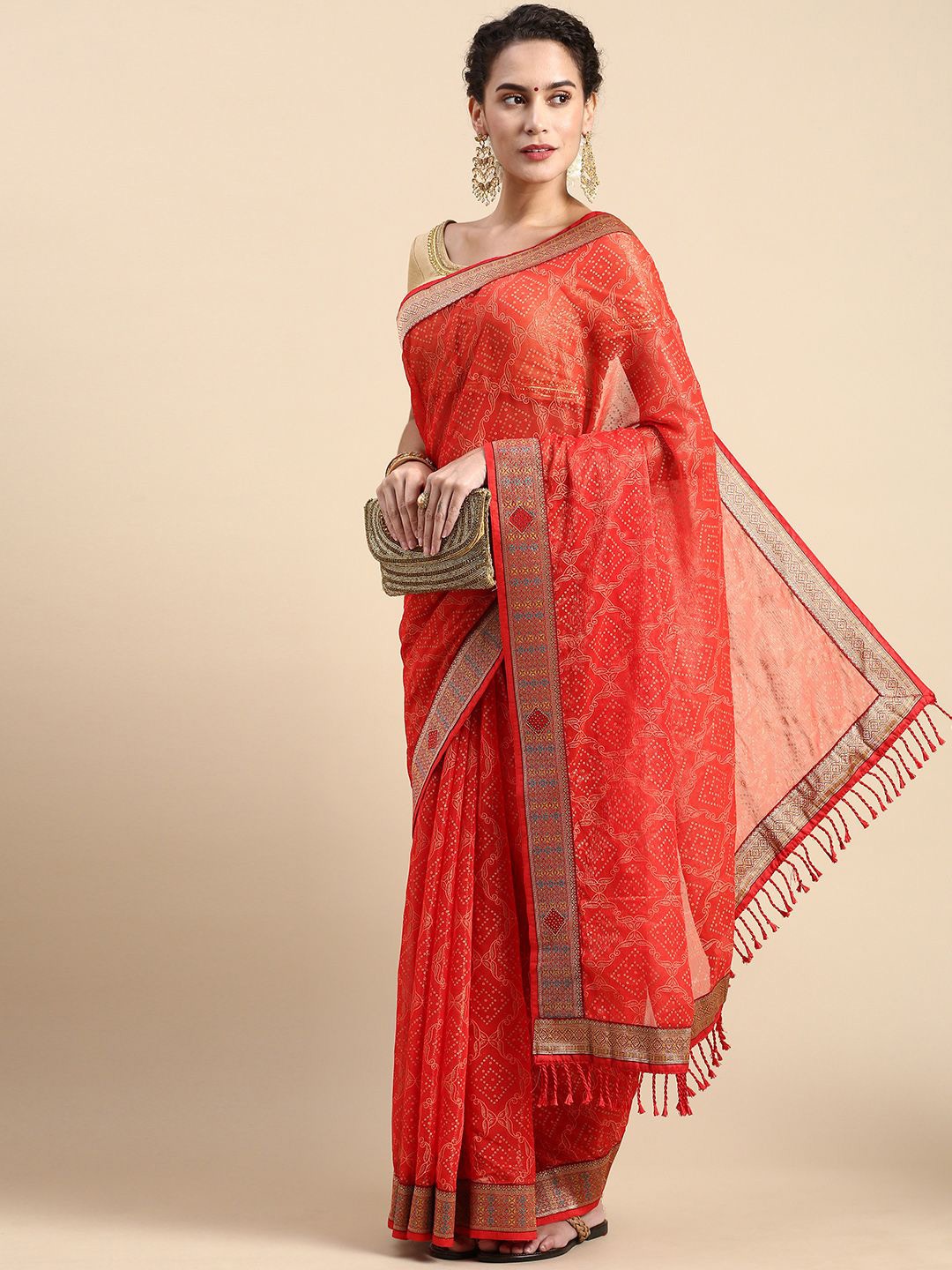 

HERE&NOW Bandhani Zari Pure Chiffon Saree, Red