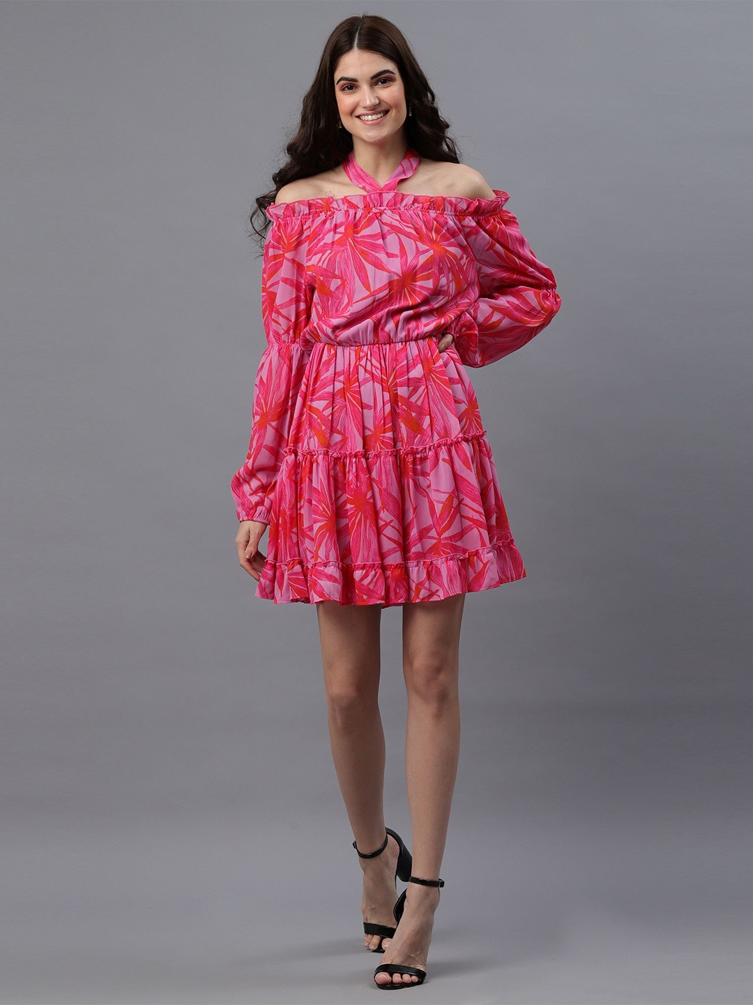 

PRETTY LOVING THING Women Floral Print Off-Shoulder Puff Sleeve Chiffon Fit & Flare Dress, Pink