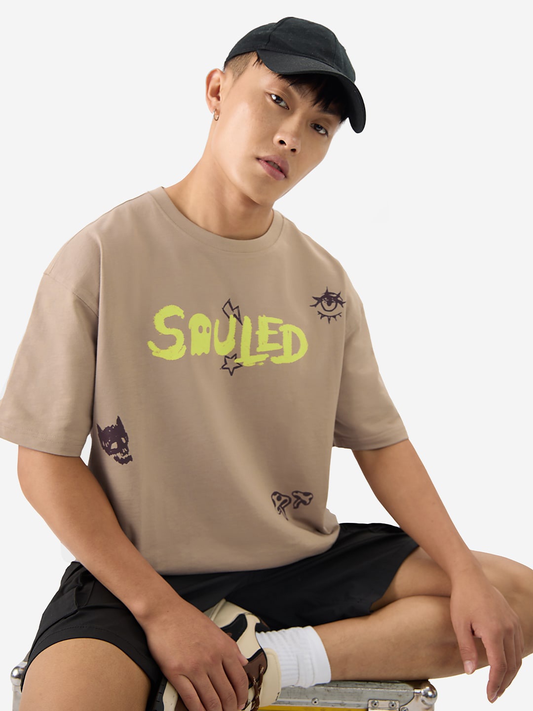 

The Souled Store Men Neon Soul Typography Printed Round Neck Pure Cotton Oversized T-shirt, Brown