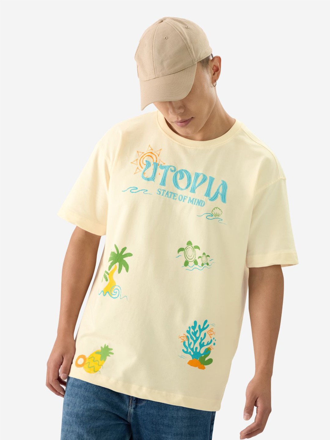 

The Souled Store Men Utopia Typography Printed Round Neck Pure Cotton Oversized T-shirt, Beige