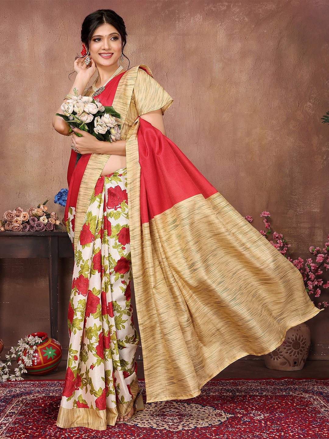

KALINI Floral Half and Half Saree, Red