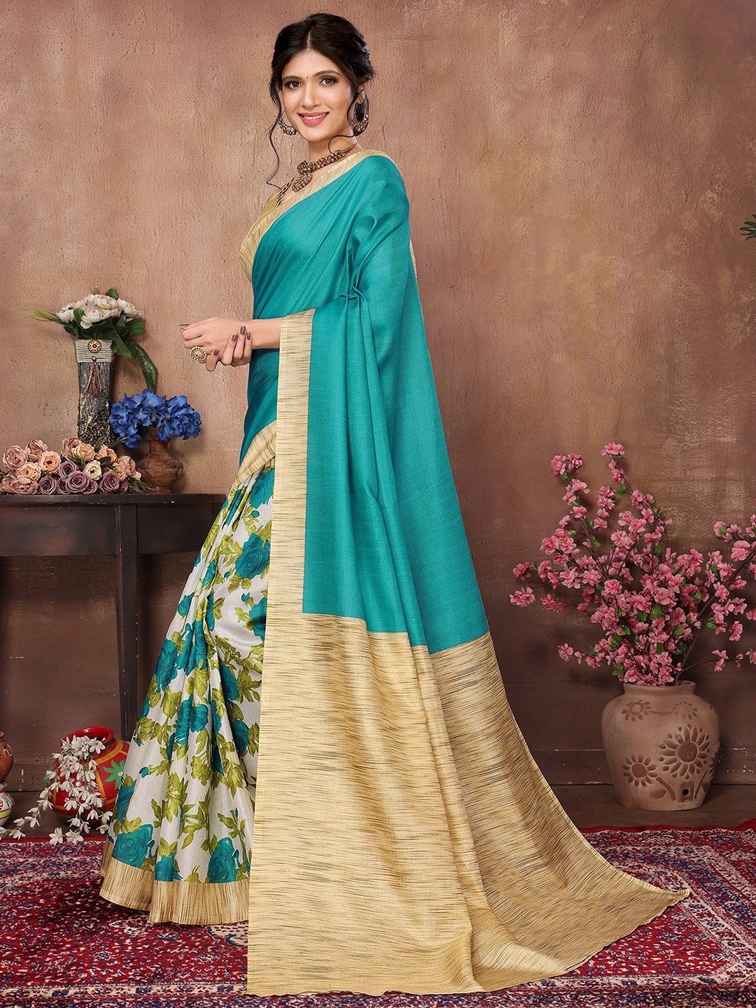

KALINI Floral Mysore Silk Saree, Teal