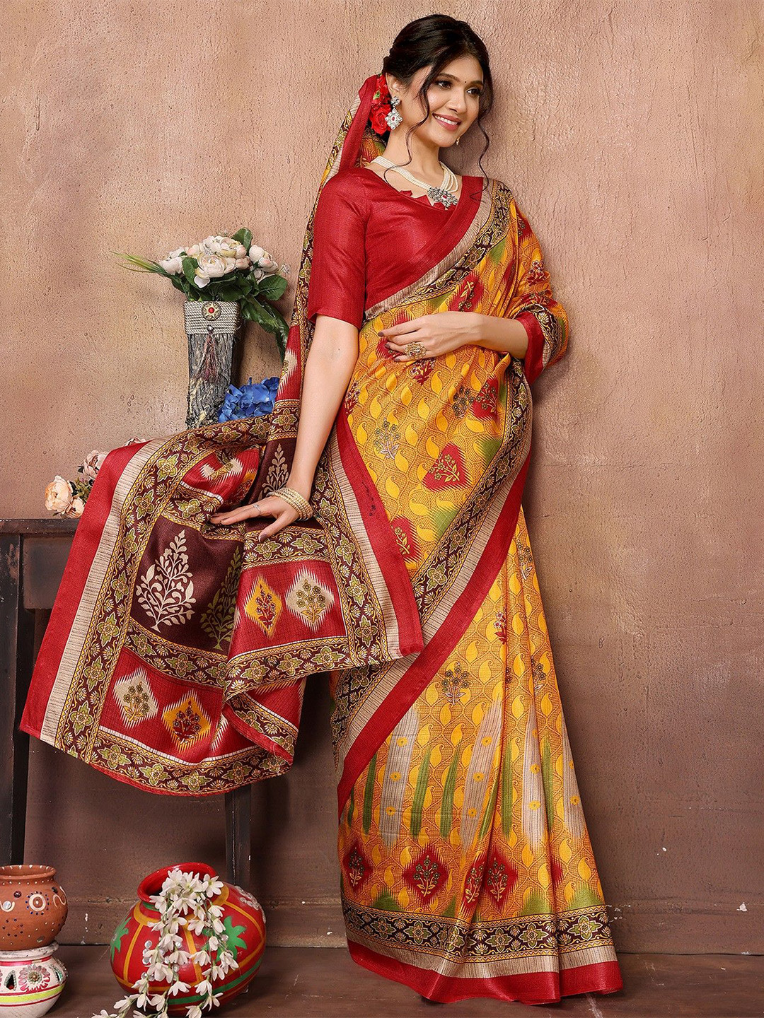 

KALINI Ethnic Motifs Art Silk Mysore Silk Saree, Red
