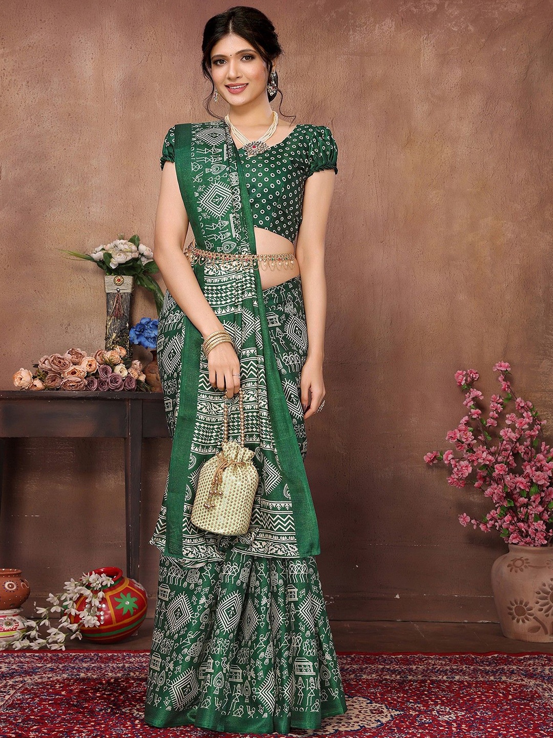 

KALINI Warli Mysore Silk Saree, Green