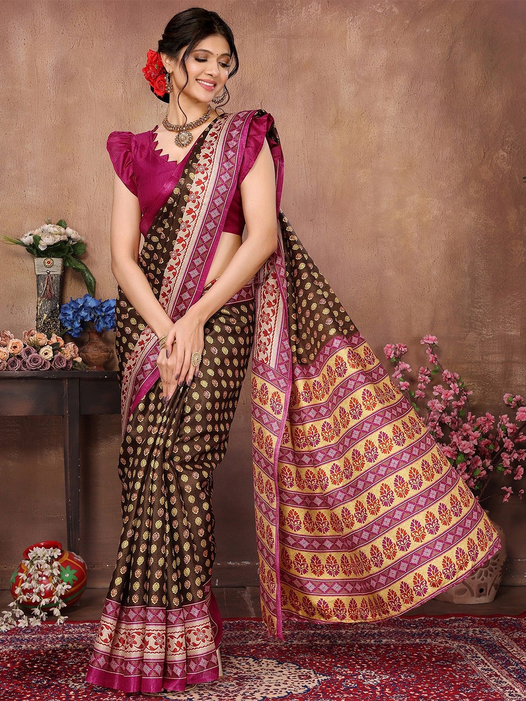 

KALINI Ethnic Motifs Zari Mysore Silk Saree, Brown