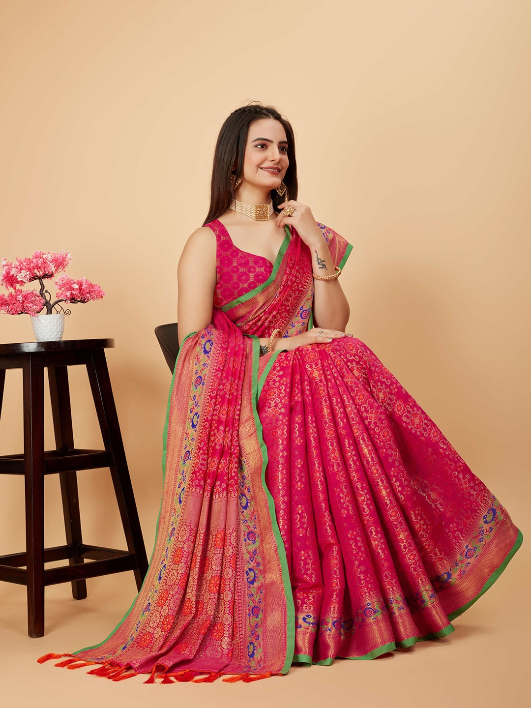 

bansari textiles Woven Design Zari Banarasi Saree, Pink