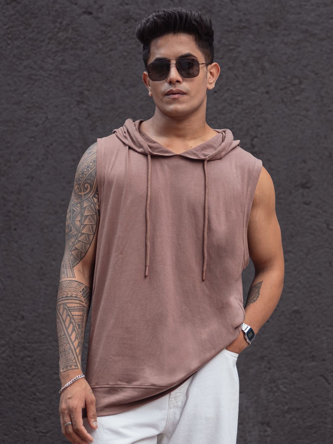 

Powerlook Men Hooded Typography Printed Round Neck T-shirt, Brown