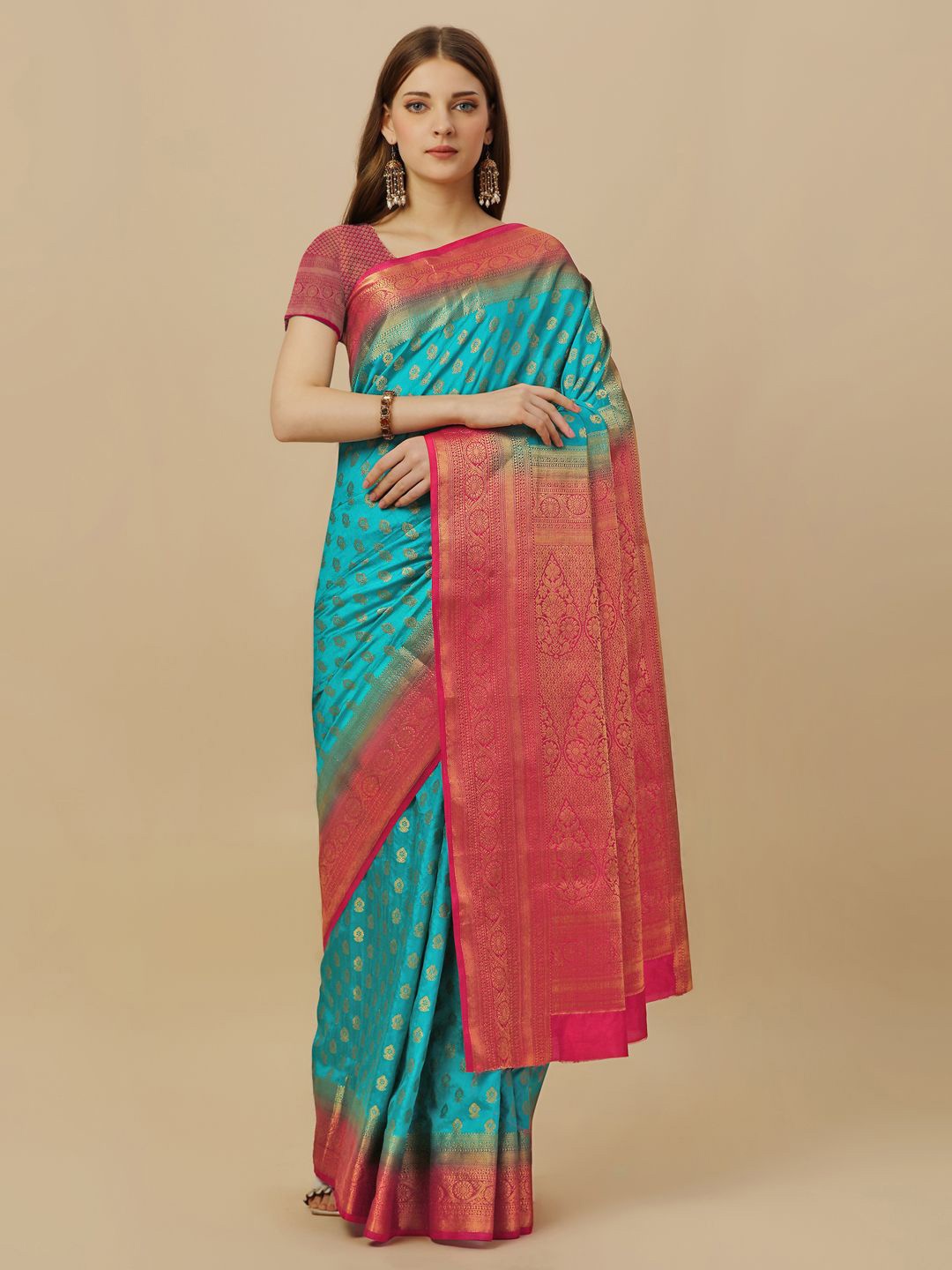 

HERE&NOW Woven Design Zari Saree, Turquoise blue