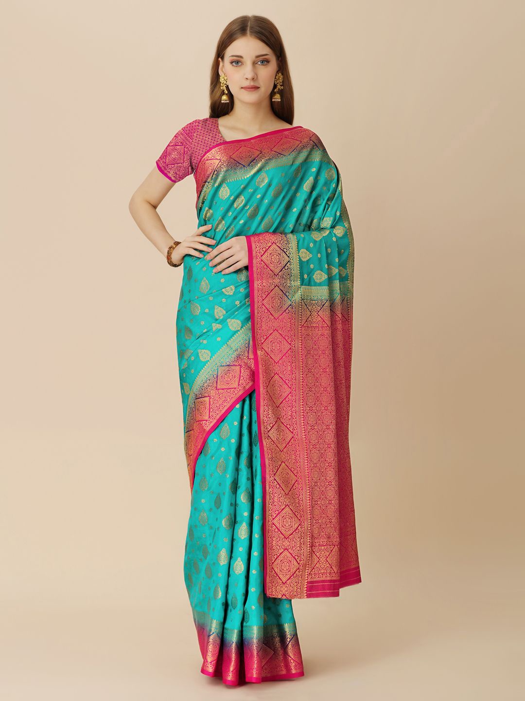 

HERE&NOW Ethnic Motifs Woven Design Zari Saree, Turquoise blue