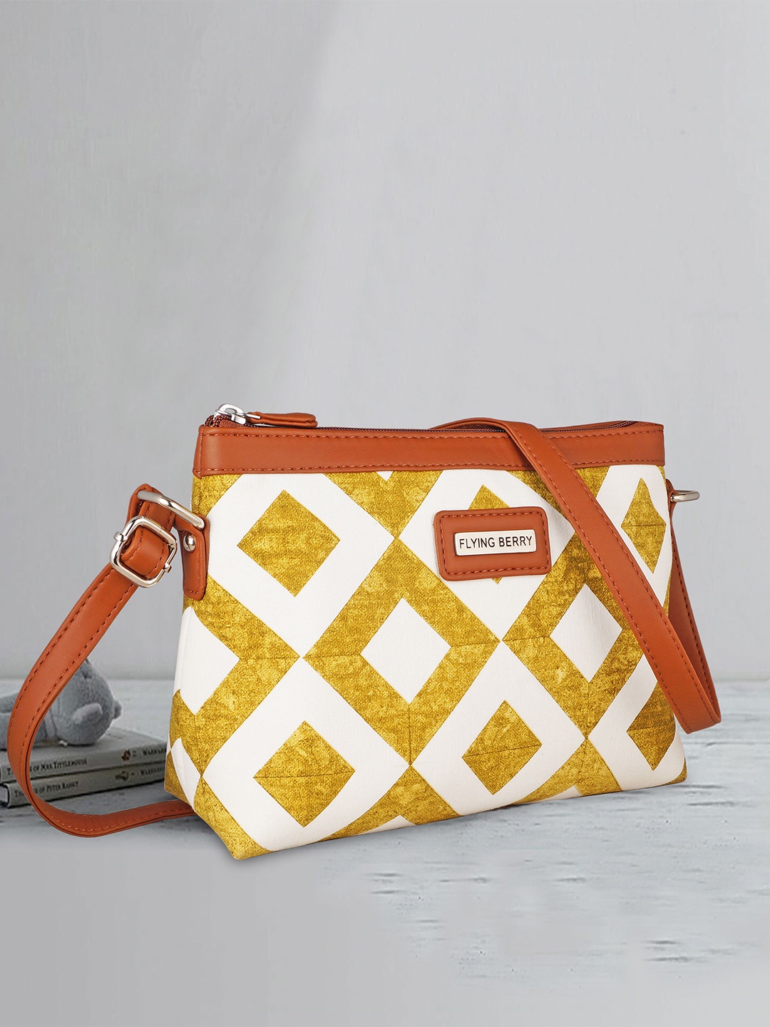 

FLYING BERRY Printed Structured Sling Bag, Gold