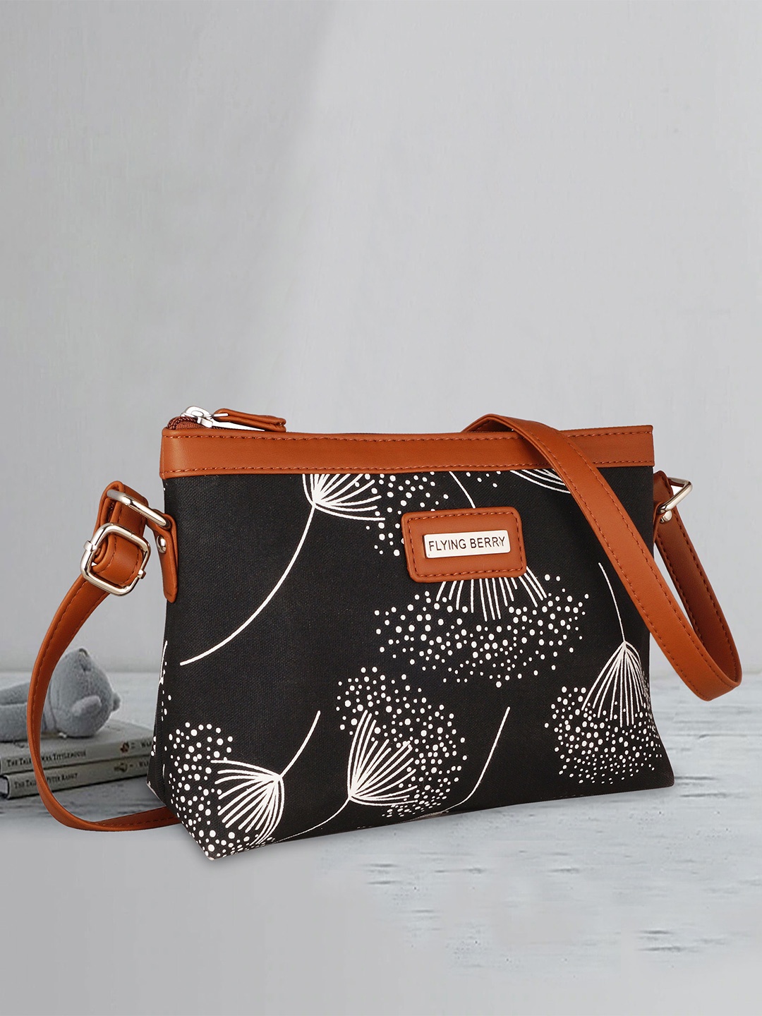 

FLYING BERRY Printed Structured Sling Bag, Black
