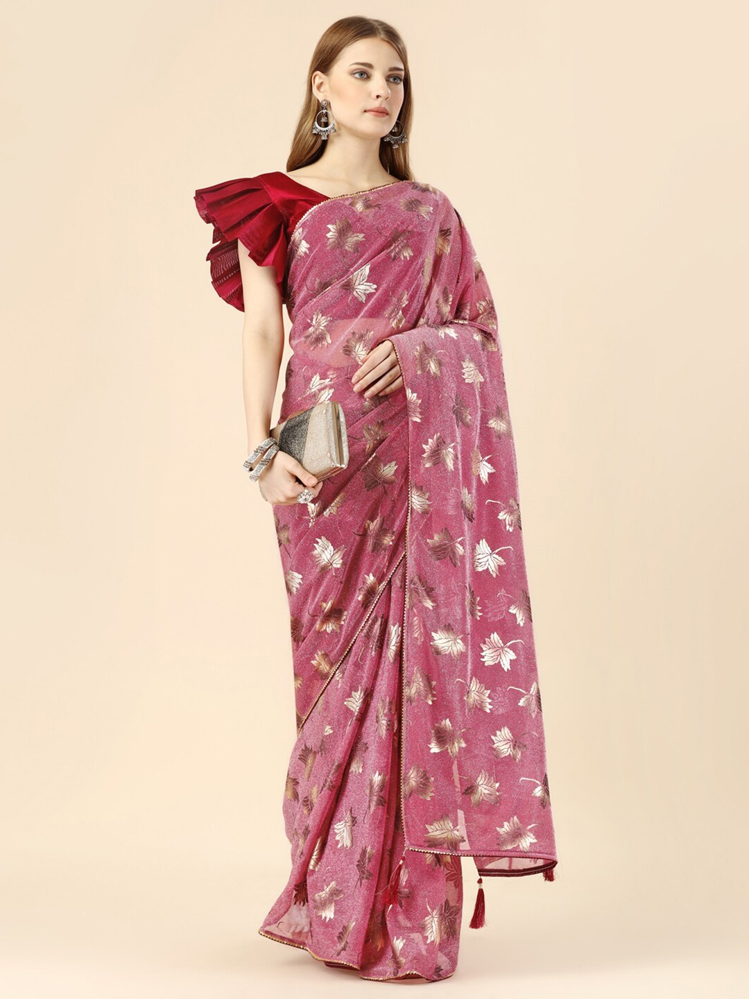 

HERE&NOW Floral Embellished Gotta Patti Saree, Pink