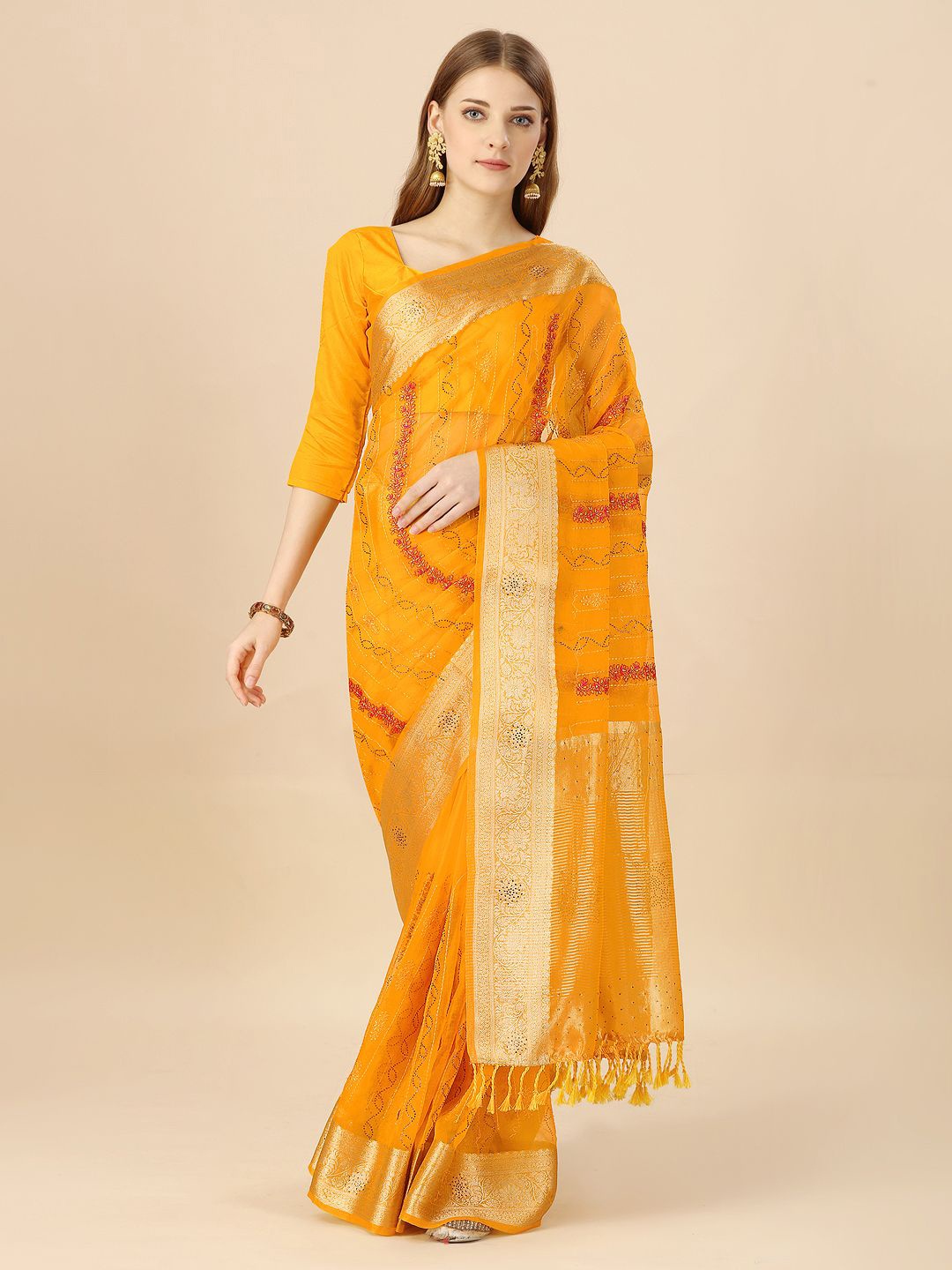 

HERE&NOW Embellished Zari Organza Saree, Yellow