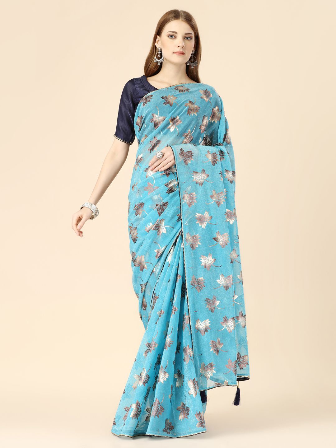 

HERE&NOW Floral Embellished Gotta Patti Saree, Turquoise blue