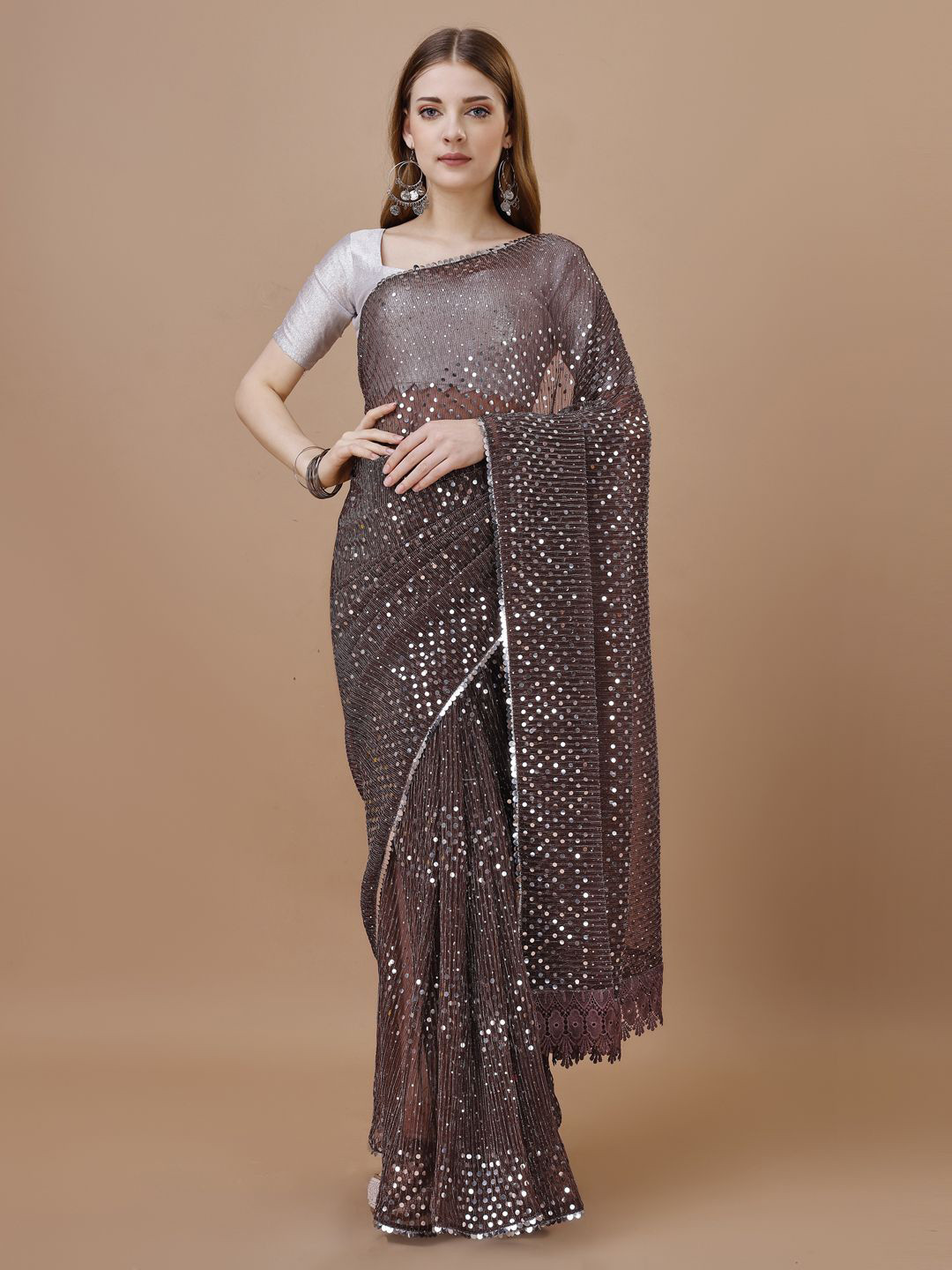

HERE&NOW Embellished Mirror Work Saree, Brown
