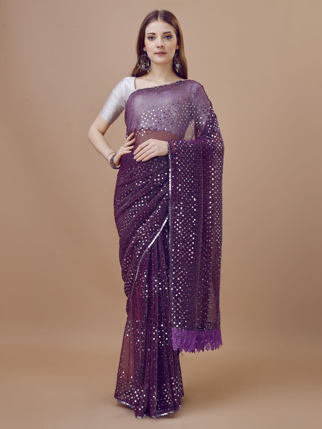 

HERE&NOW Embellished Mirror Work Saree, Purple