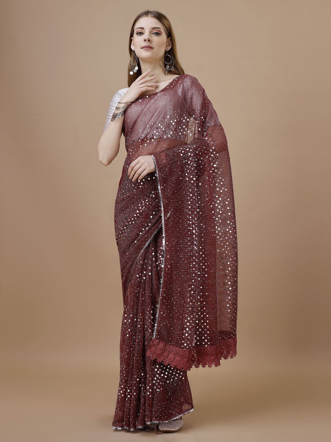 

HERE&NOW Embellished Mukaish Saree, Red