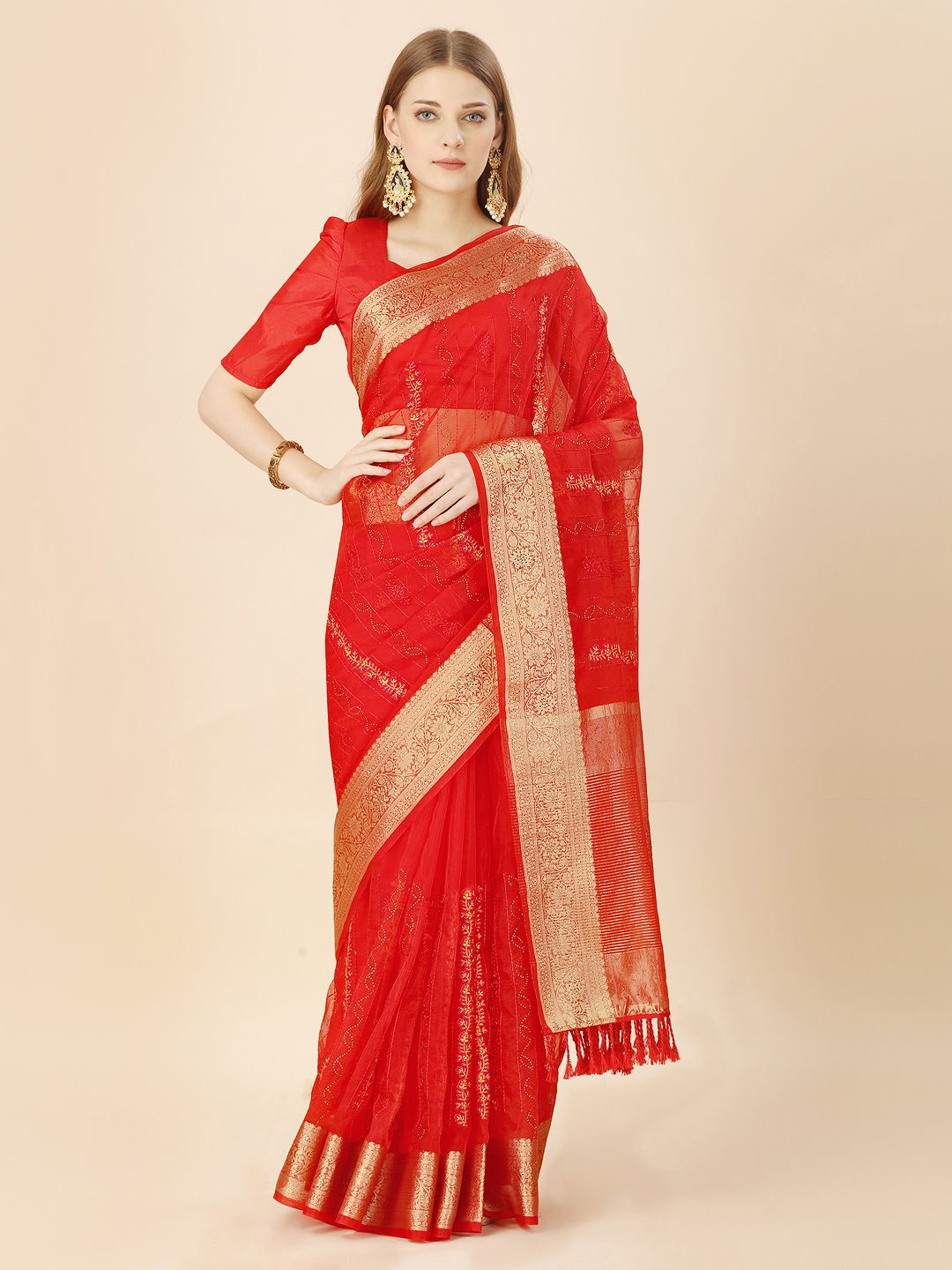 

HERE&NOW Embellished Zari Organza Saree, Red