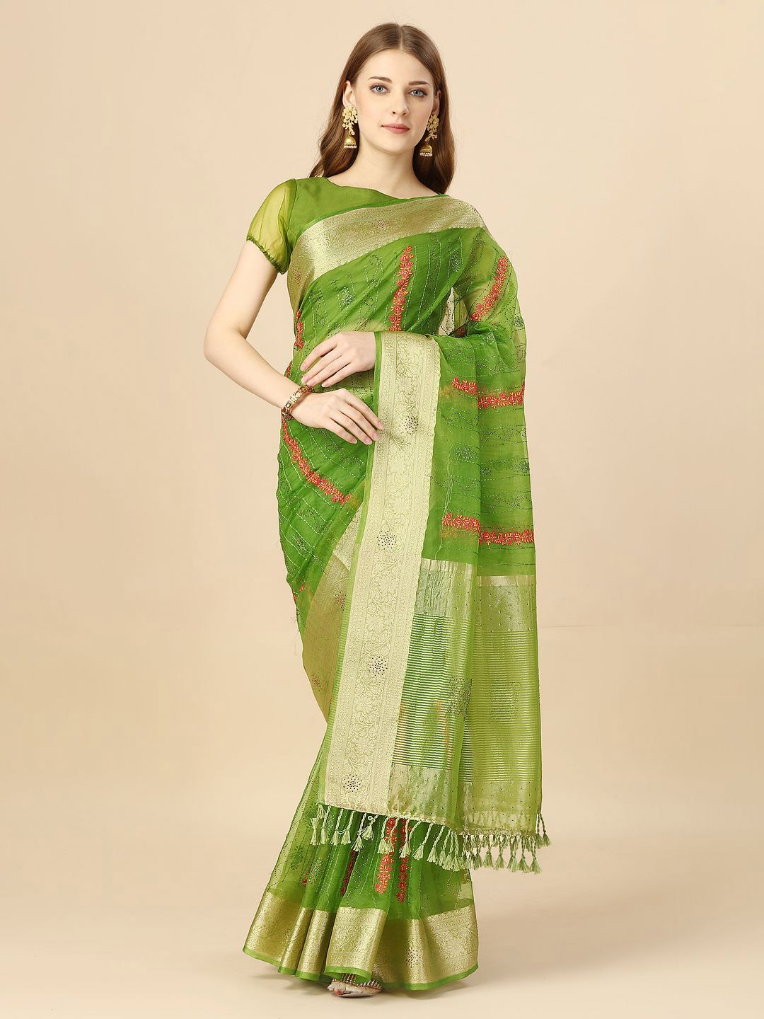 

HERE&NOW Embellished Zari Organza Saree, Olive