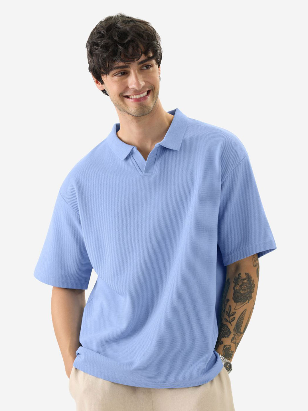 

The Souled Store Men Solid Polo Collar Oversized T-shirt, Blue