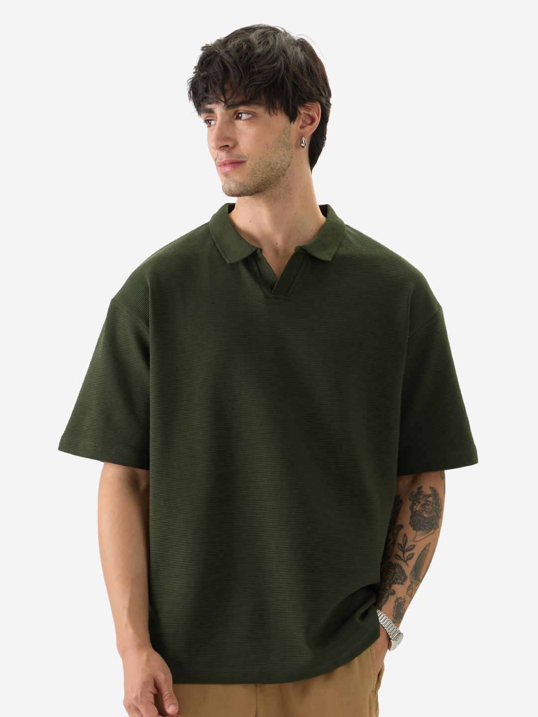 

The Souled Store Men Solid Polo Collar Oversized T-shirt, Olive