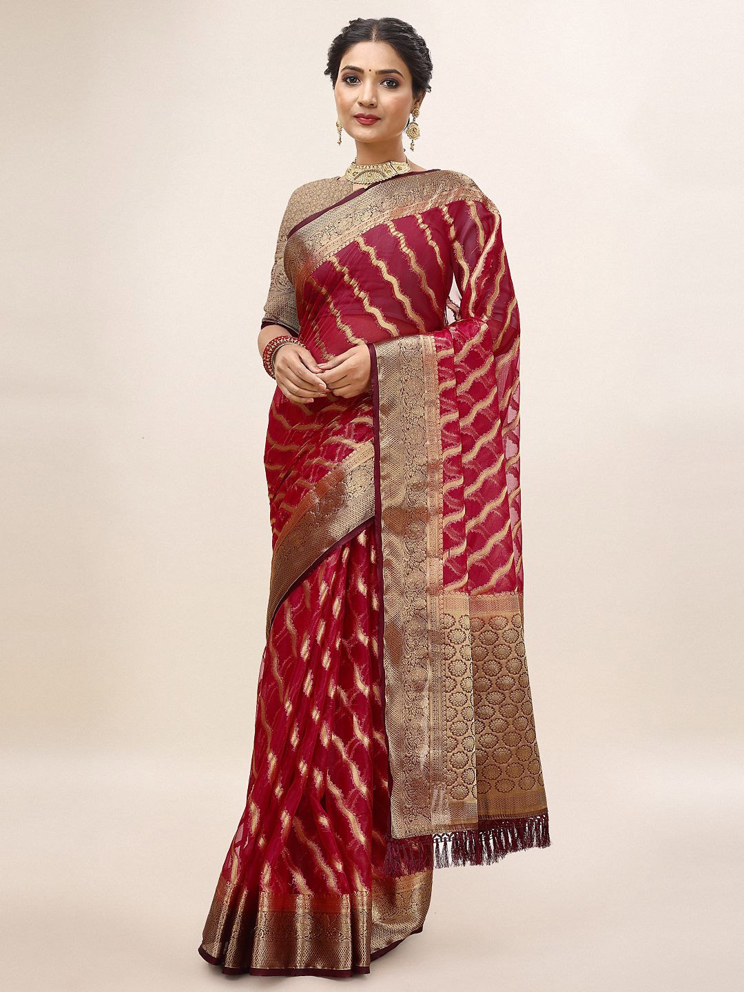 

HERE&NOW Woven Design Zari Organza Saree, Maroon