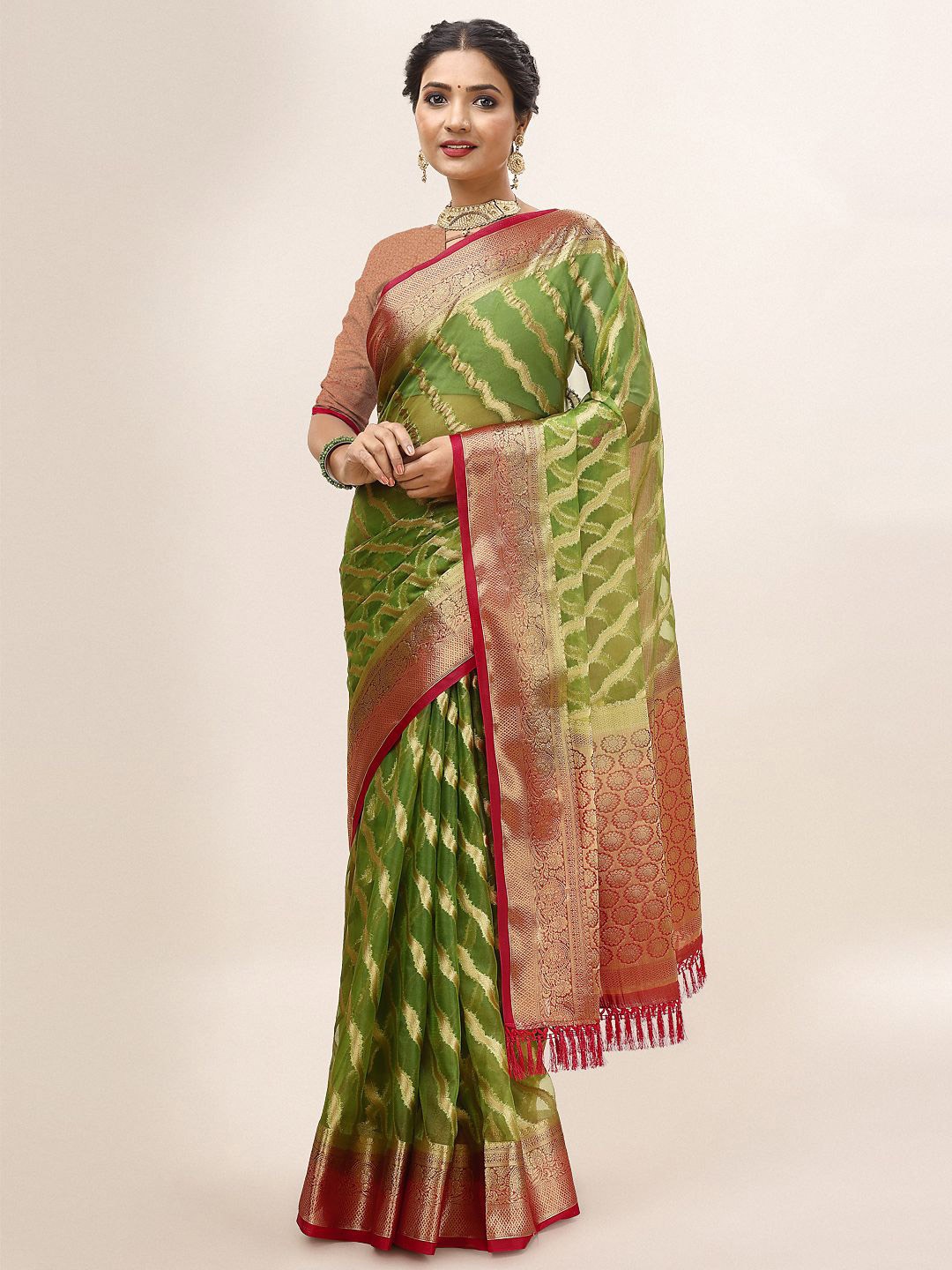 

HERE&NOW Woven Design Zari Organza Saree, Fluorescent green