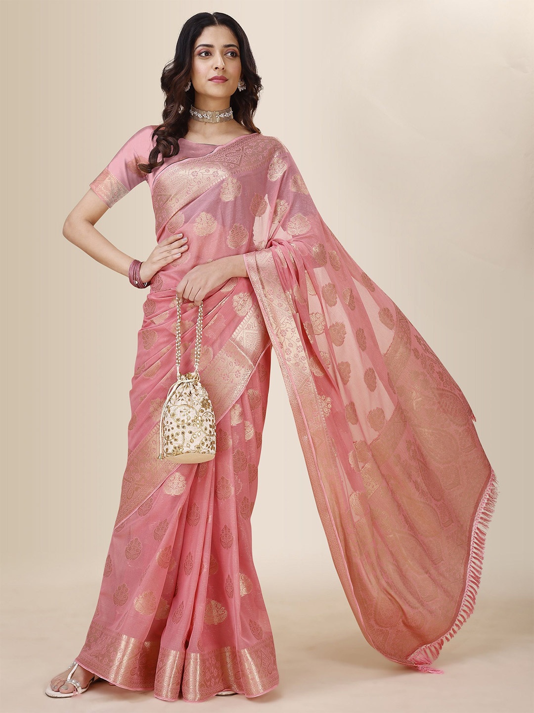 

HERE&NOW Woven Design Zari Pure Chiffon Saree, Peach