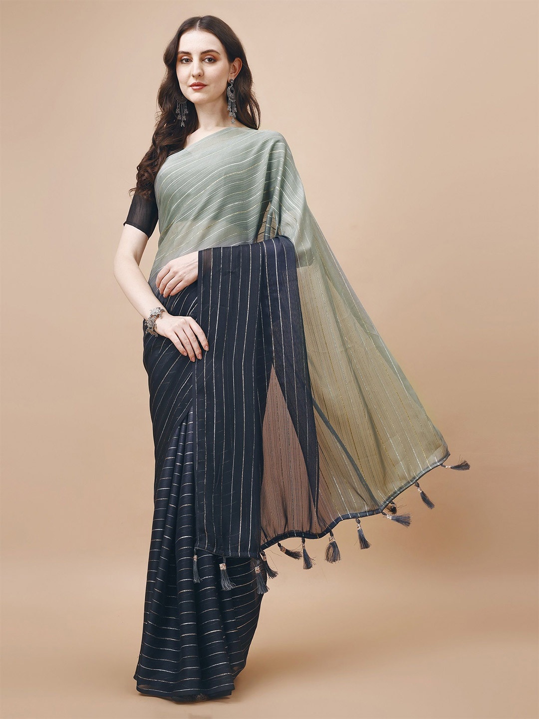 

HERE&NOW Embellished Pure Chiffon Saree, Grey