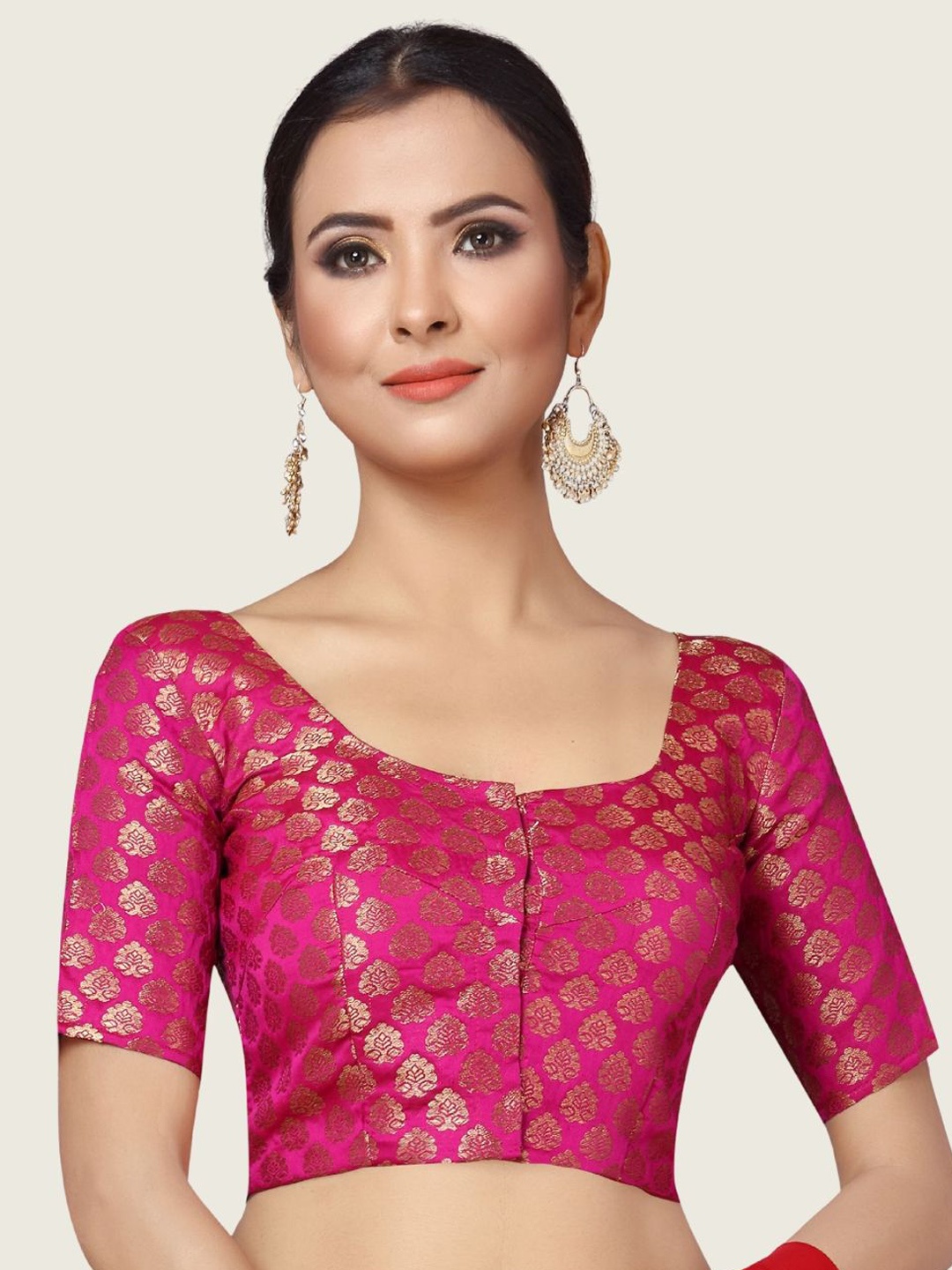 

Studio Shringaar Round Neck Short Sleeves Woven-Design Saree Blouse, Pink