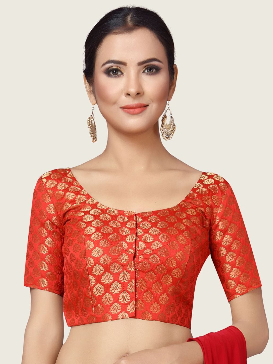 

Studio Shringaar Round Neck Short Sleeves Woven-Design Saree Blouse, Red