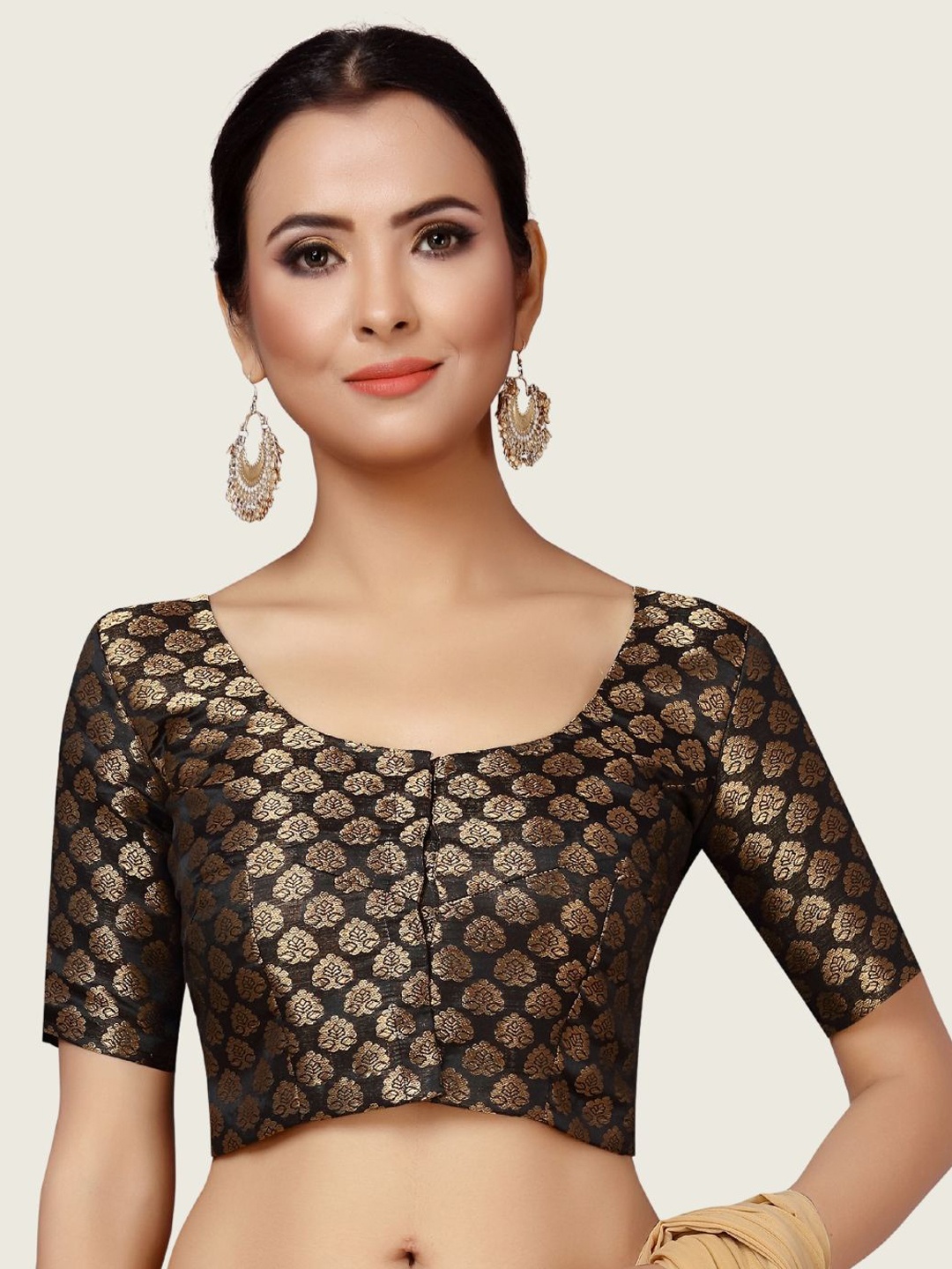 

Studio Shringaar Round Neck Short Sleeves Woven Design Saree Blouse, Black