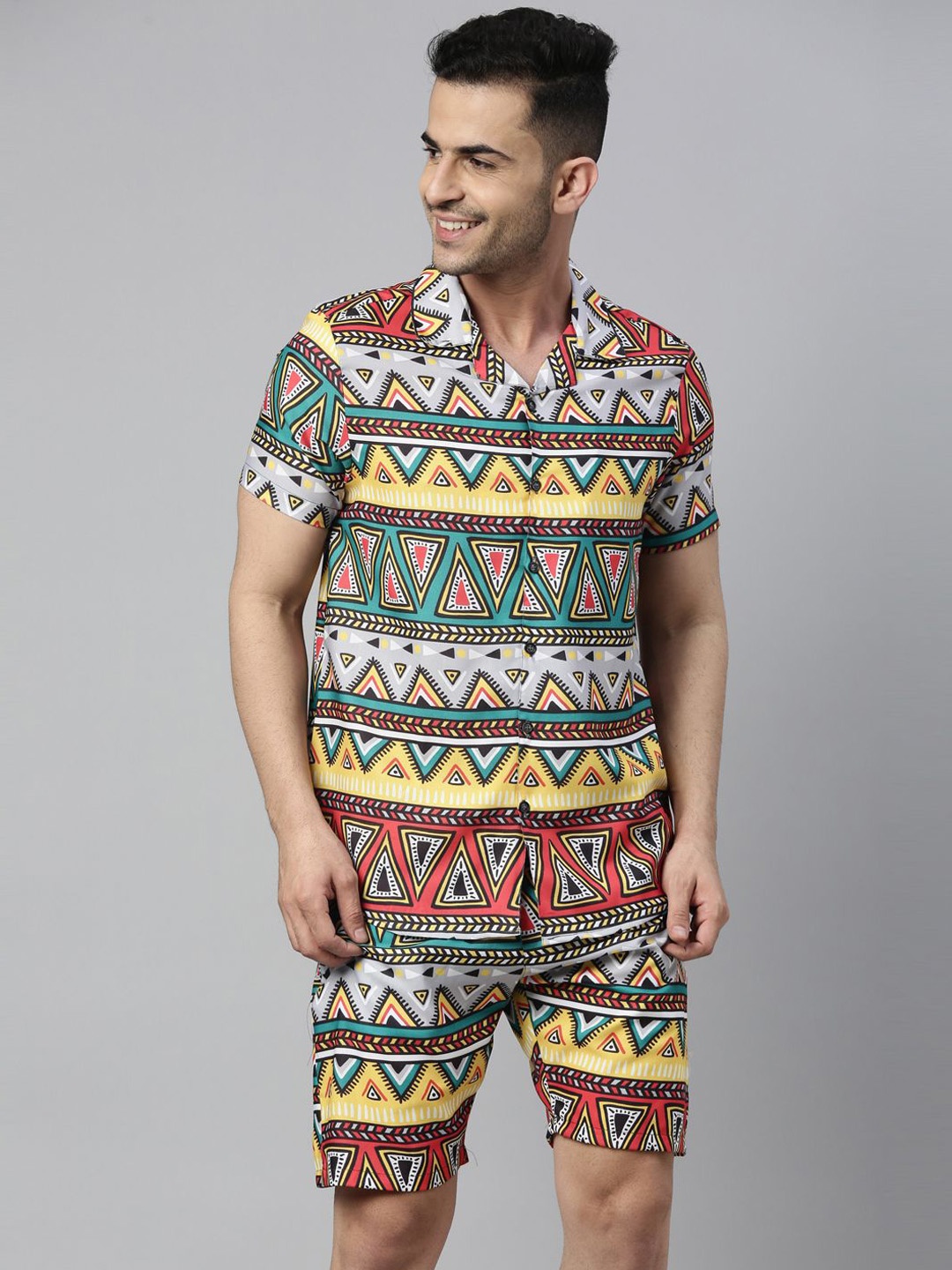 

Bushirt Ethinic Motifs Printed Short Sleeve Shirt & Shorts, Yellow