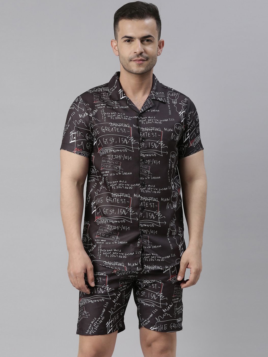 

Bushirt Abstract Printed Shirt Collar Night Suits, Black